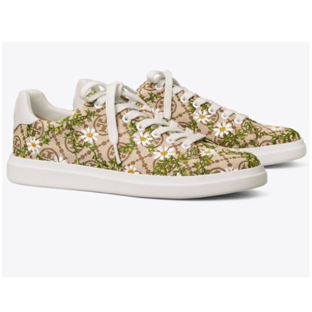 Tory Burch Howell T Monogram Daisy Floral Jacquard Court Sneakers NEW! - Picture 2 of 7
